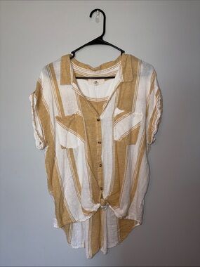 Thread & Supply Mustard and White Striped Button-Up Tie Front Top XL
